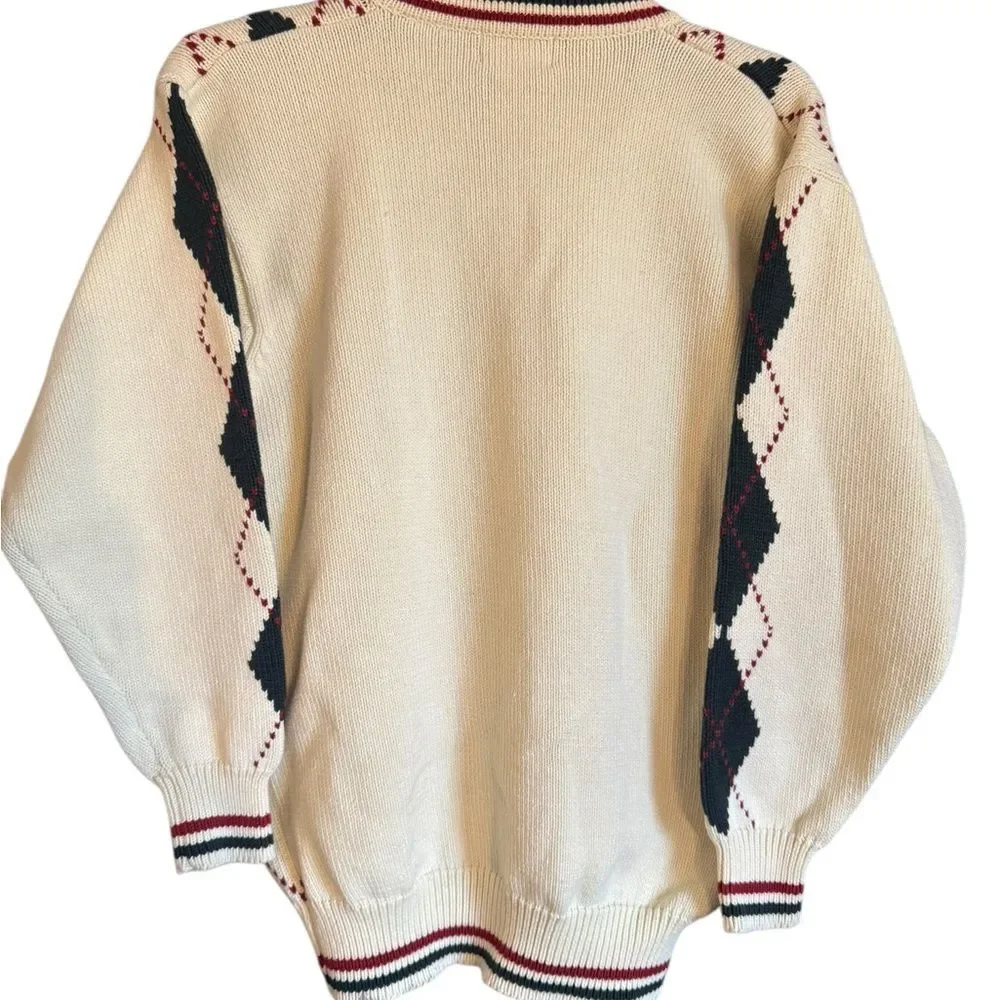 Vintage Regatta Sport Cotton Cream/Black/Red Argyle Unisex V-Neck Sweater